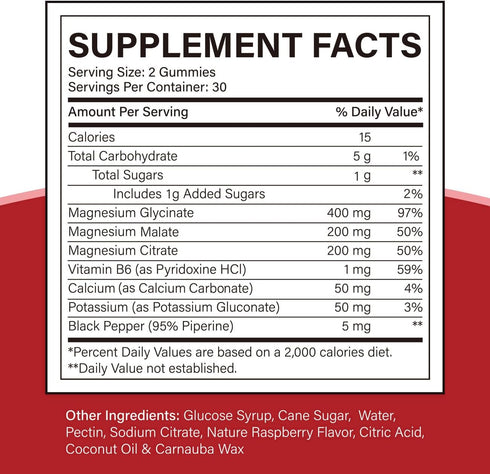 Magnesium Glycinate 400mg, Citrate 200mg, Malate 200mg, Triple Magnesium Complex with Potassium, 120 Gummies
