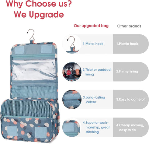 Narwey Hanging Toiletry Bag for Women, Travel Makeup Organizer for Toiletries, Blue Flower