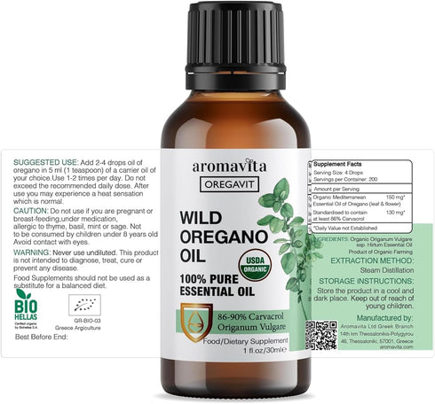 Wild Oregano Oil Organic, 100% Pure with 86-90% Carvacrol, Plant-Based Herbal Supplement, 1fl.oz/30ml