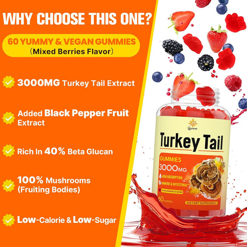 Qazwer (100% 40% Gummies Immune 60ct Turkey Tail Mushroom, Turkey Tail Fruiting Body, Beta Glucans) add Black Pepper