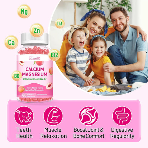 2 Pack Calcium Magnesium Zinc Gummies with Vitamin D3 & B12, Sugar Free, Vegan Peach Flavor Calcium Supplements for