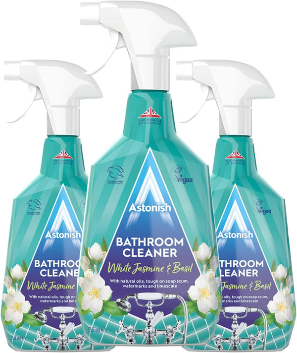 Astonish Streak Free Foaming Bathroom Cleaner Spray, 3 Pack, 750 ml, White Jasmine & Basil Scent, Deep Cleaning