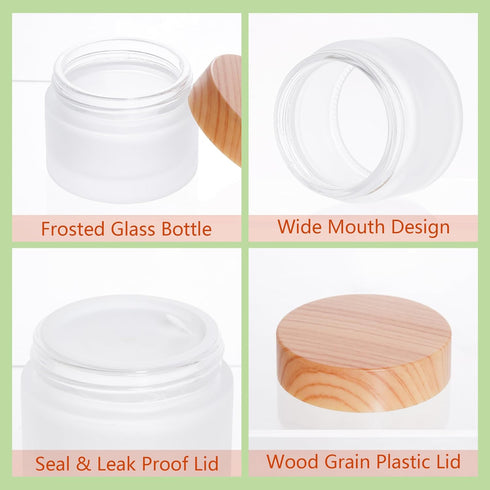 6Pcs Glass Cosmetic Containers, Frosted Glass Cream Jars with Wood Grain Lid, Leak-proof Empty Makeup Jar for Lotions,
