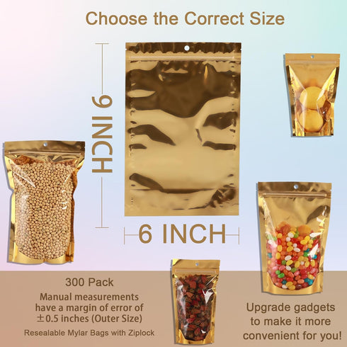 300 Pcs Mylar Bags for Food Storage, 6x9 Mylar Bags with Window, Resealable Smell Proof Bags for Freeze Dried Candy