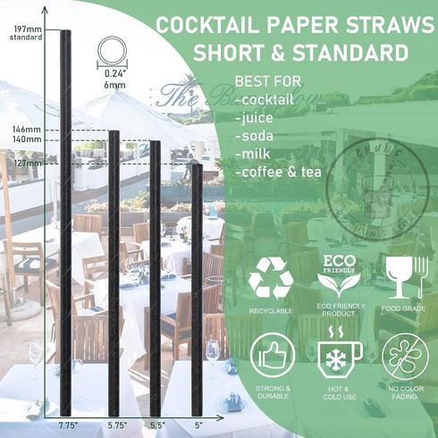Paper Cocktail Straws 5 inch - 500 ct. Biodegradable Small Black Drinking Straws for Restaurant, Bar, Food Services