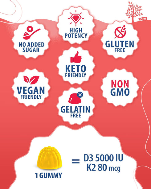 Vitamin D3 K2 Gummies 5000 IU - Immune & Bone Support, Sugar-Free, Vegan, Gluten-Free Gummies for Adults