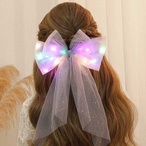 Jeairts LED Bow Clip - Glowing Rainbow Veil Wedding Hair Piece, Colorful Tulle Bow with Clips for Bachelorette Party