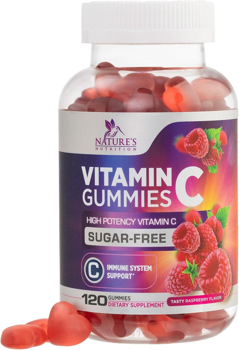 Sugar Free Vitamin C Gummies - 120 Count, Immune Support & Antioxidant Supplement, Vegan, Raspberry Flavor