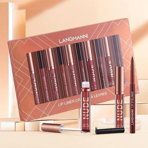 LANGMANNI 6 Matte Lipstick with 6 Lipliners - Long-Lasting Non-Stick Cup Waterproof Pigmented Velvet Lipgloss Kit