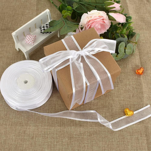 TONIFUL 1 Inch x 25 Yards White Sheer Organza Ribbon with Satin Chiffon for Gift Wrapping and Party Decoration