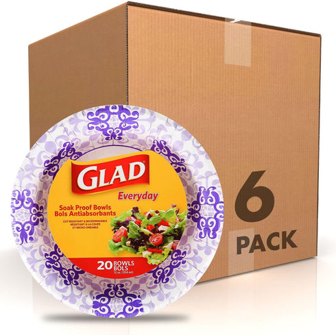 Glad Disposable Paper Bowls, Purple ViCountorian Design, Microwave Safe, Pack of 6, 120 Count for Parties & Picnics