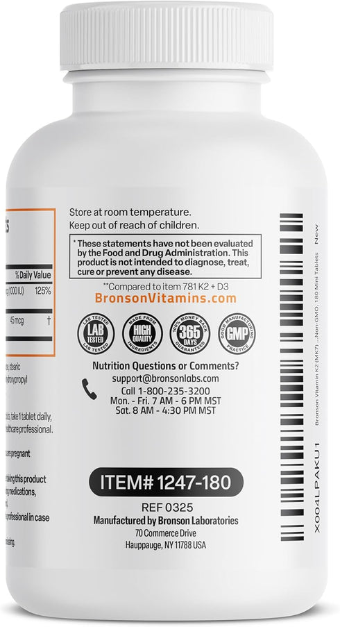 K2 (MK7) D3 45mcg K2 1000 D3 2 1 180 Bronson Vitamin with Lower Dose Vitamin & IU Vitamin Easy to Swallow Daily