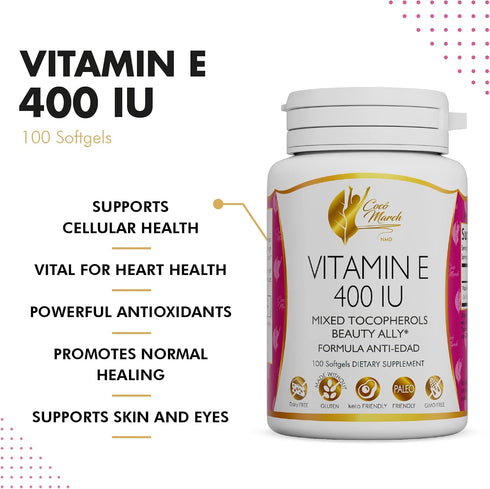 Coco March Natural Vitamin E 400 IU - Mixed Tocopherols, 3 Month Supply - Gluten Free, Dairy Free, 100 Softgels