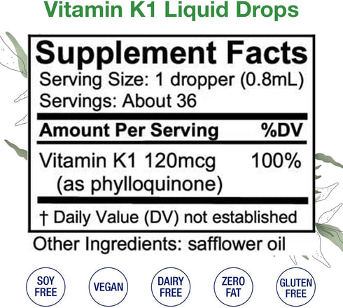 HoneyCombs Vitamin K1 Liquid Drops, High Potency for Bone Health, 1 Fl oz