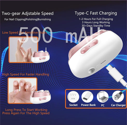 OUTMX 4-in-1 Trimmer Electric Nail Clipper with LED Light, Automatic Nail & Polisher, Two-Speed Quiet Operation