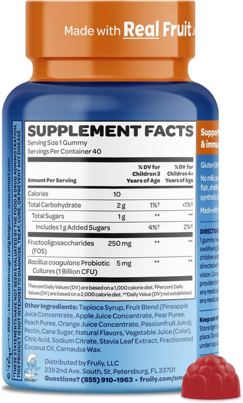 The Smurfs Kids Probiotic Gummies with 1 Billion CFU Probiotics & Prebiotics for Digestive & Immune Health, 40 Count