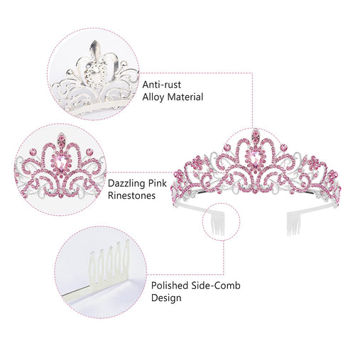 Pink Tiara and Crowns for Girls, Crystal Rhinestone Queen Costume Party Hair Accessories