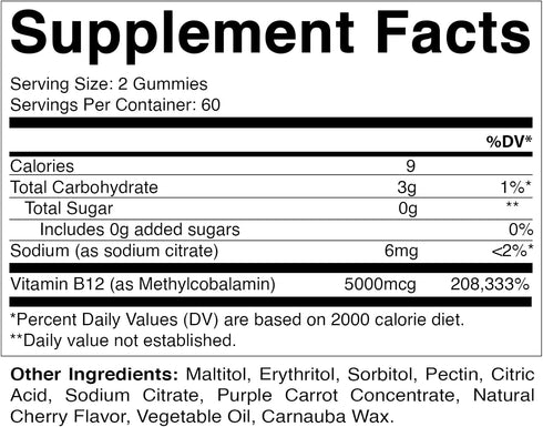 Vitamatic Extra Strength Vitamin B12 5000 mcg (Methyl B12) Gummies - 120 Count - Natural Cherry Flavored