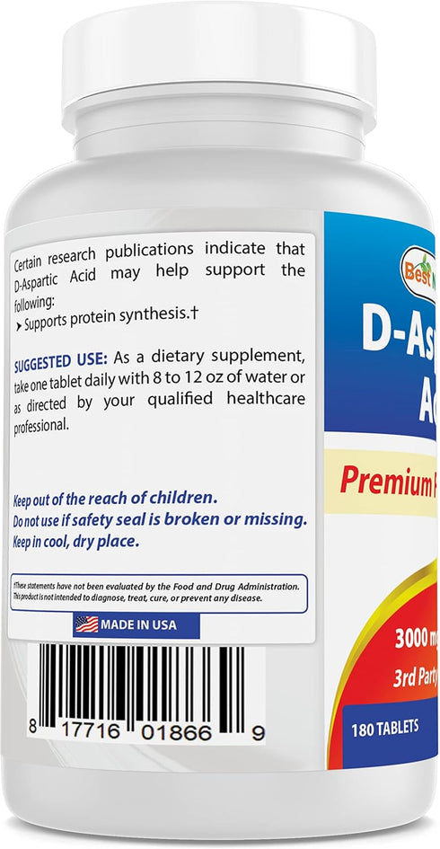 Best Naturals D Aspartic Acid (DAA) 3000mg, Non-GMO & Gluten Free, 180 Tablets per Serving