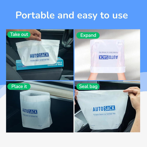 AUTOSACK 50 Bags Portable Car Trash Bags, Self-Adhesive Stand-up Disposable for Car, Kitchen, Office