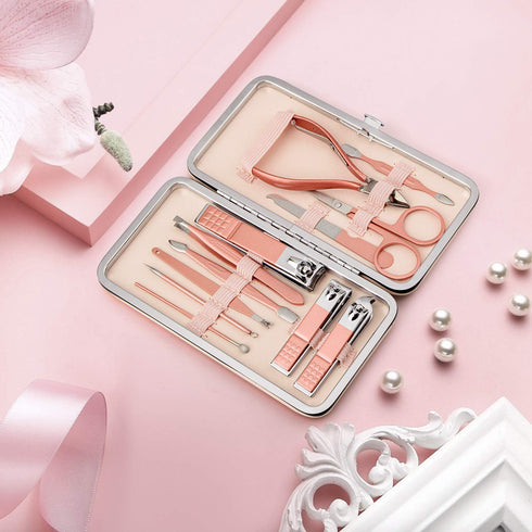 Manicure Set, 12 In 1 Stainless Steel Professional Pedicure Kit with Pink Leather Travel Case