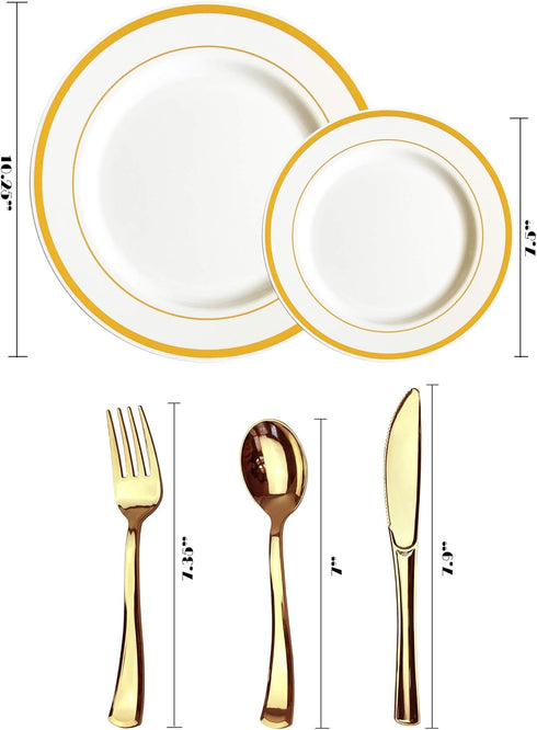 125 Piece Gold Plastic Plates & Cutlery Set - Reusable & Recyclable - 25 Each Gold Rim Plates & Silverware for Parties,