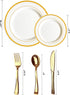125 Piece Gold Plastic Plates & Cutlery Set - Reusable & Recyclable - 25 Each Gold Rim Plates & Silverware for Parties,