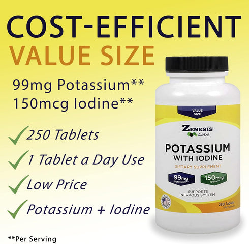 Potassium Gluconate 99mg + 150mcg Iodine from Kelp, Bulk (250 Tablets/Bottle)