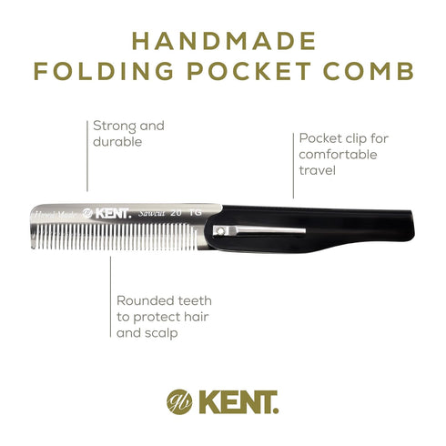 Kent 20T Black Graphite Folding Pocket Comb, Handmade Fine Tooth Hair Comb for Men, Beard, and Mustache