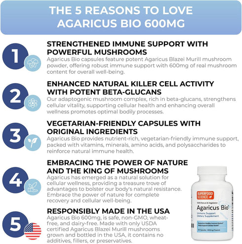 Agaricus Bio 600 mg Wellness Formula - Organic Agaricus Blazei Murill Mushroom Pills for Immune Support, 60 Caps