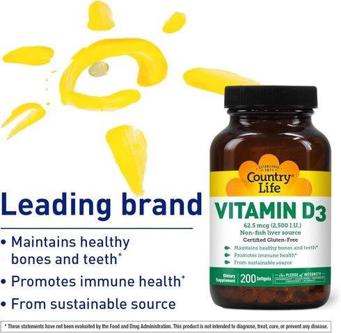 Country Life Vitamin D3 2500 IU Soft Gels, 200 Count