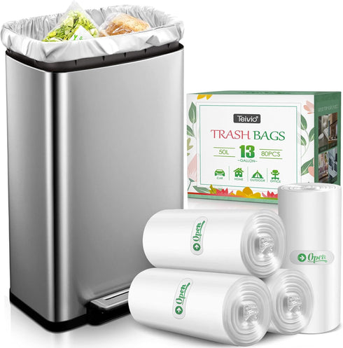 13 Gallon Strong Trash Bags, 80 Counts, Clear Garbage Bags by Teivio for Home, Office, Kitchen