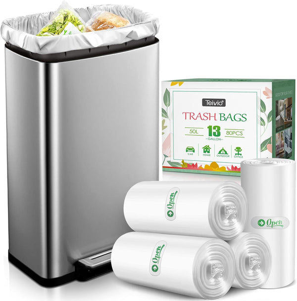 13 Gallon Strong Trash Bags, 80 Counts, Clear Garbage Bags by Teivio for Home, Office, Kitchen