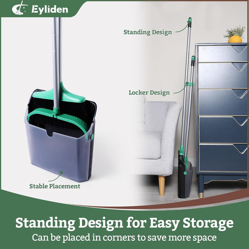Eyliden Broom and Dustpan Combo Set, Stand Up Dustpan with Long Handle for Home Office Kitchen Lobby, Black & Green