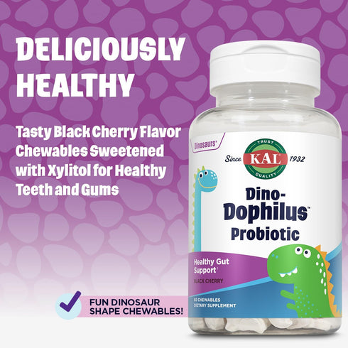KAL DinoDophilus Probiotics for Kids, 2 Billion CFU, Chewable Black Cherry Flavor for Gut Health, 60 Servings.