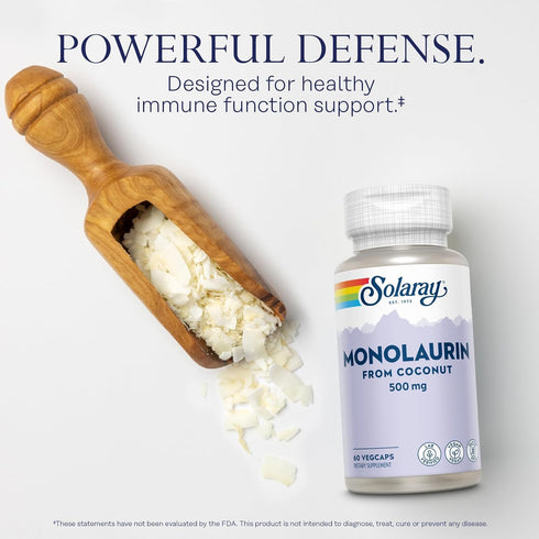 SOLARAY Monolaurin 500mg from Natural Coconut, Supplement for Nutritive Support, 60 Servings, 60 VegCaps