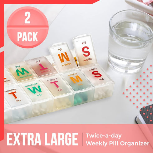 Large Weekly Pill Organizer, 2 Pack AM PM Pill Box for Medication, XL 7 Day Organizer with Braille