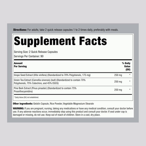 Piping Rock Grape Seed, Green Tea & Pine Bark Complex | 180 Capsules | Standardized Extract | Non GMO, Gluten Free Supplement