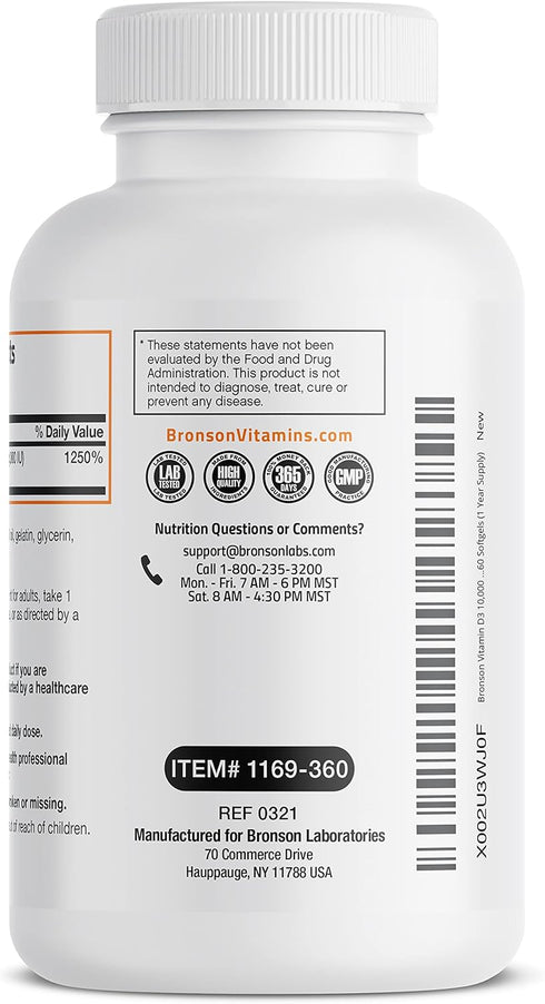 Bronson Vitamin D3 10,000 IU (250 mcg) High Potency - Supports Healthy Immune System, Strong Bones, 360 Softgels (1