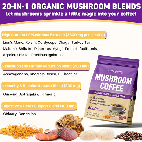 Syokupoe 11 8 Immune 30 Mushroom Coffee Organic, Mushrooms + Adaptogenic Herb Mushroom Coffee for Focus, Energy