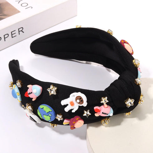 Space Astronaut Headbands for Women - Saturn Planet Rocket Spaceman Jeweled Rhinestone Star Knotted Hair Accessories