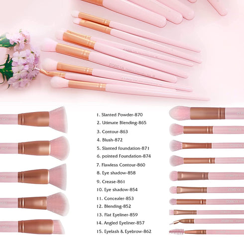 ZOREYA Makeup Brush Set, 15 Pcs Premium Synthetic Foundation and Eye Shadows Makeup Brushes, Eyeliner Brushes (Pink)