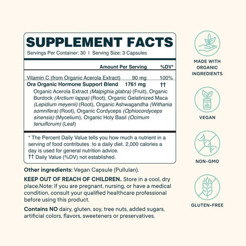 Ora Organic Natural Hormone Balance Supplement for Women - 90 Capsules, Support Skin, Mood, Energy, PMS & Menopause