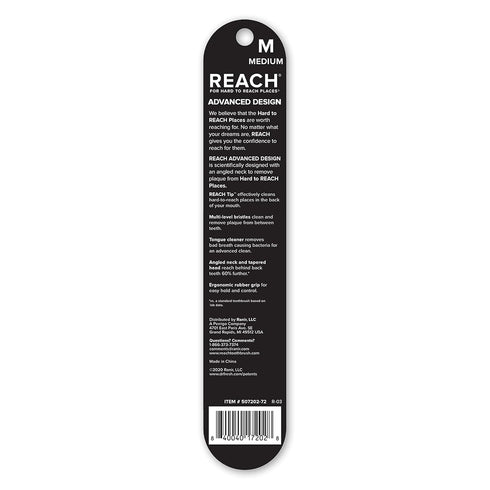 REACH Advanced Design Toothbrush with Toothbrush Cap, Angled Neck, Medium Bi-Level Bristles, Contoured Handle, Tongue