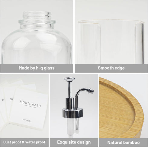 Ezebesta 17OZ Mouthwash Clear Glass Pump Dispenser with Disposable Cups Holder, Refillable Container