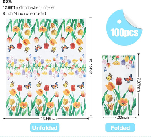 YOCHANDA 100 Pack (Inches, 7.8*4.3) Tulip Floral Guest Hand Towels Disposable for Bathroom, Floral Paper Napkins