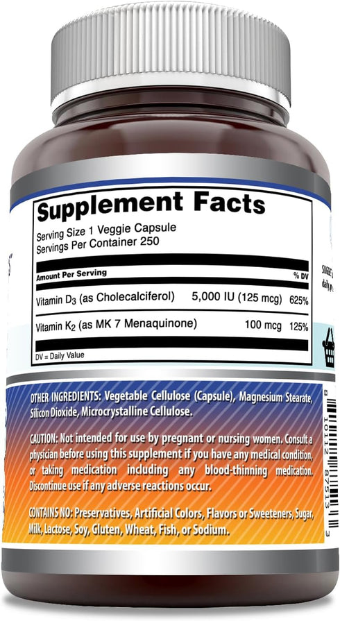 Amazing Formulas Vitamin D3 5000 IU with Vitamin K2 100 Mcg| 250 Veggie Capsules | D3 + K2 Complex | Non-GMO | Gluten Free | Made in USA