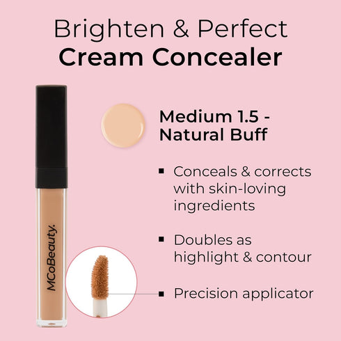 MCoBeauty Brighten & Perfect Cream Concealer, 6 Medium Natural Buff, Vegan, Cruelty Free Cosmetics