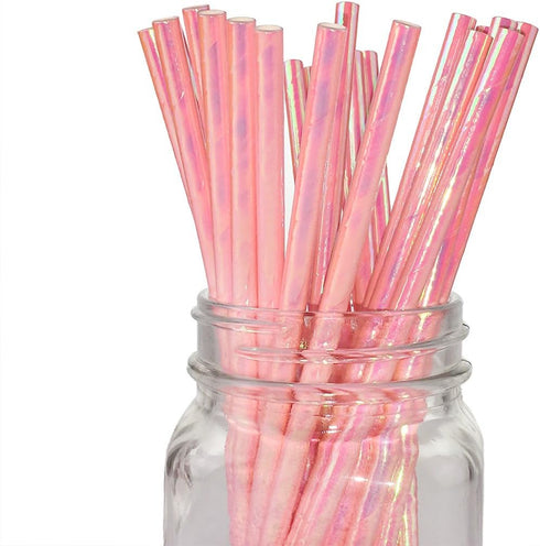 Iridescent Pink Coral Cocktail Paper Straws, Disposable 7.75 Inches, Pack of 100
