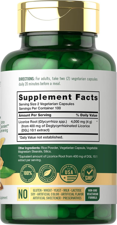 Carlyle DGL Deglycyrrhizinated Licorice Capsules | 200 Count | 4000mg | Vegetarian, Non-GMO & Gluten Free Supplement